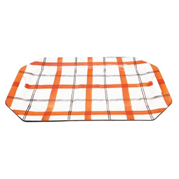 Red Plaid Serving Tray Takito Company Vintage Hand Painted Japan 10.25 In Crazed - Picture 1 of 16